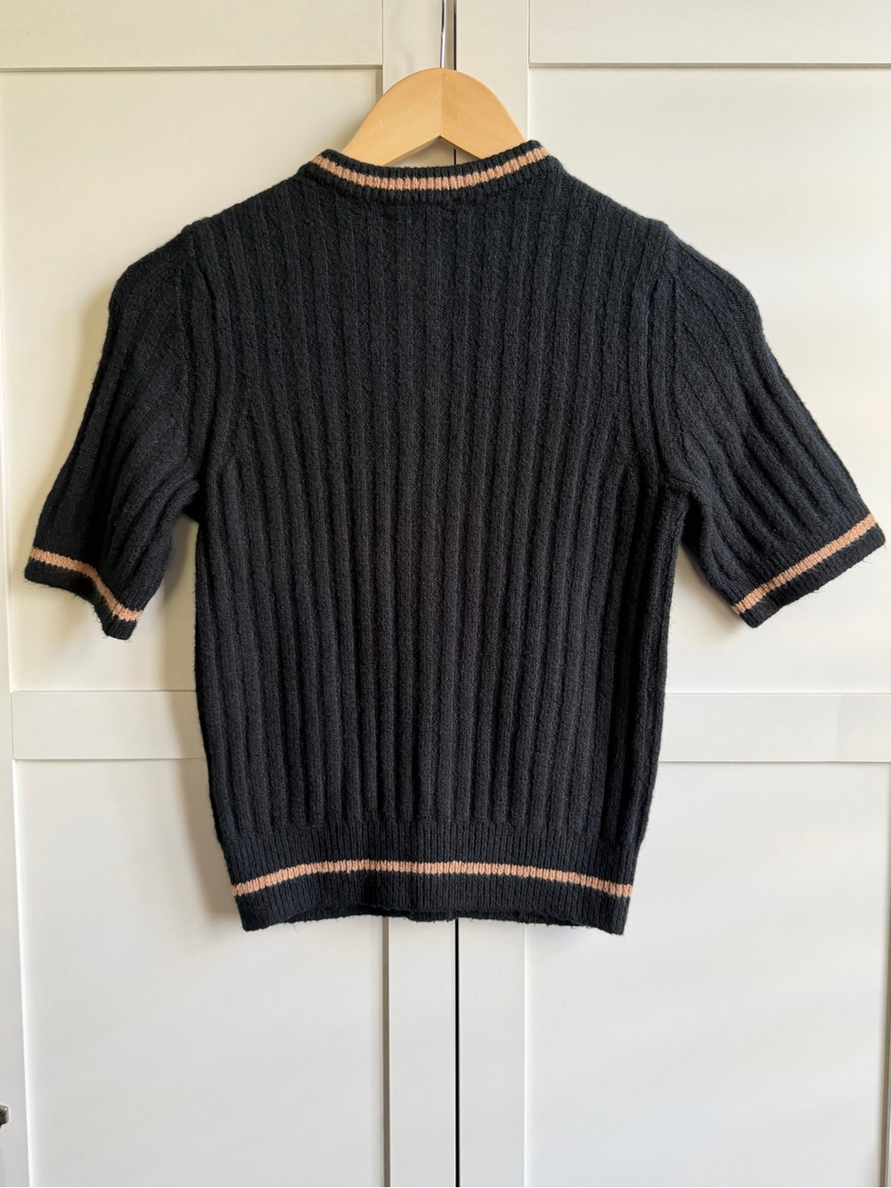 Madewell Short Puff-Sleeve Cardigan in Dark Navy Tan Stripe Size XS - Picture 2 of 4